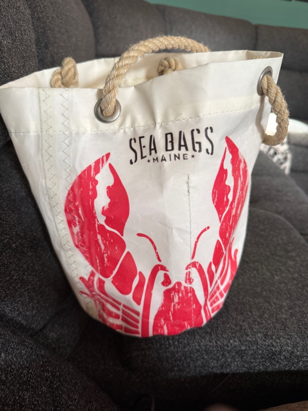 Sea Bags White & Red Lobster Bucket Bag with Rope Handles